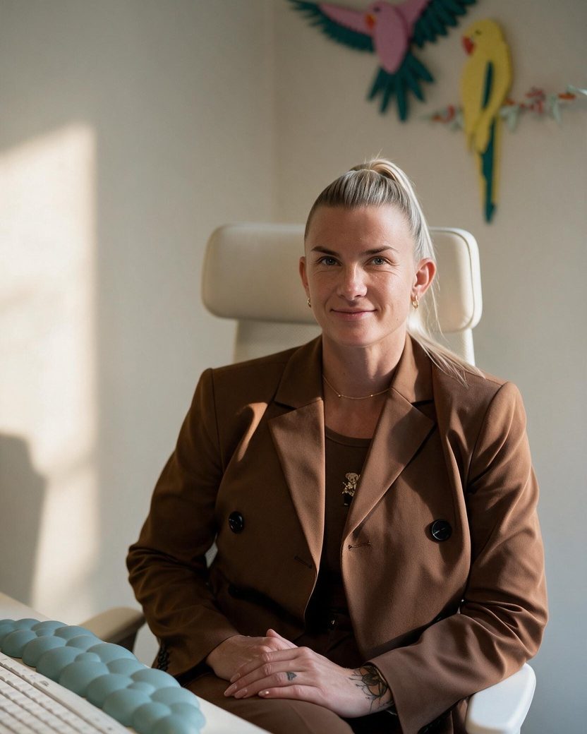 Jeanette Ostenfeldt sidder ved sit skrivebord i sin konsultation i et brunt jakkesæt, med papirfugle på væggen bag sig